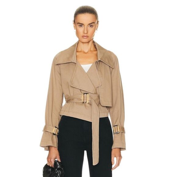 NOUR HAMMOUR Hatti Cropped‎ Canvas Trench Jacket in Khaki - Picture 1 of 16